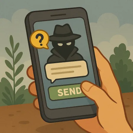 Roka tur smartphone, kas attēlo maskētu personāžu lietusmētelī un cepurē, pārstāvot anonīmu sūtītāju. Ir redzama dialoga burbulis ar jautājuma zīmi un zaļš poga ar uzrakstu 'SEND', kas norāda uz anonīma ziņojuma nosūtīšanu