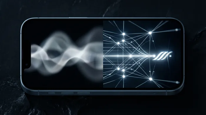 Vīrietis uzvalkā manipulē ar hologrāfisku digitālo saskarni ar tīkla datiem un IP adresēm, kas tiek rādīta virs viedtālruņa.