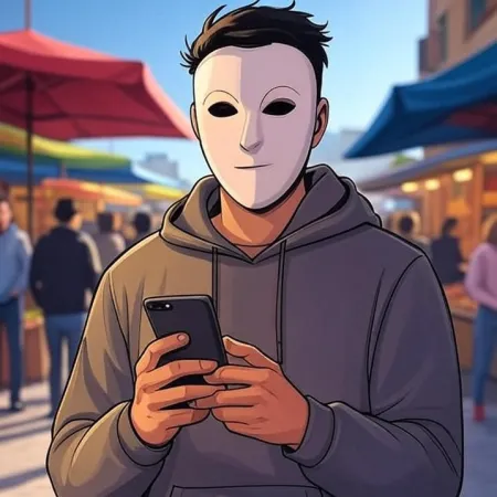 Jauns vīrietis animācijas stilā, kurš valkā baltu masku un pelēku kapuci, skatās uz savu telefonu brīvdabas tirgū.