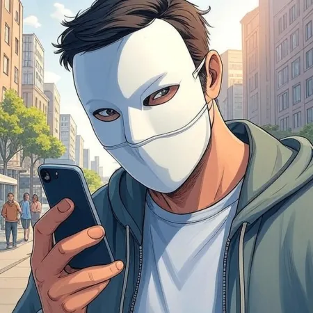 Vīrietis ar baltu masku un kapuci skatās uz savu mobilo telefonu pilsētas ielā. Attēls ir izstrādāts karikatūras vai komiksu stilā.
