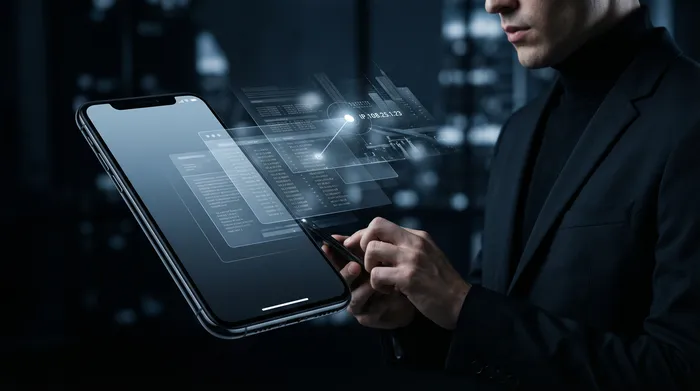 Divi viedtālruņi blakus viens otram uz galda, savienoti ar spīdošu digitālo tīklu, kas simbolizē datu pārsūtīšanu starp ierīcēm.