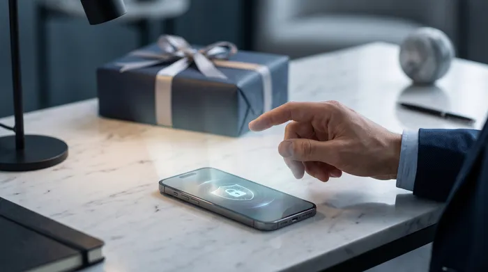 Roka tur viedtālruni, kurā redzama ziņapmaiņas saskarne ar pārklātiem tehnoloģiskiem grafiskajiem elementiem, tostarp slēdzeni, shēmām un tālruņa numuru, ilustrējot mobilo drošību un digitālās komunikācijas.