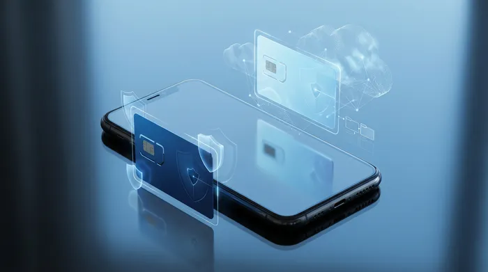 Roka tur viedtālruni, kurā redzama moderna hologrāfiska ziņapmaiņas saskarne ar tērzēšanas burbuļiem un drošības ikonām.