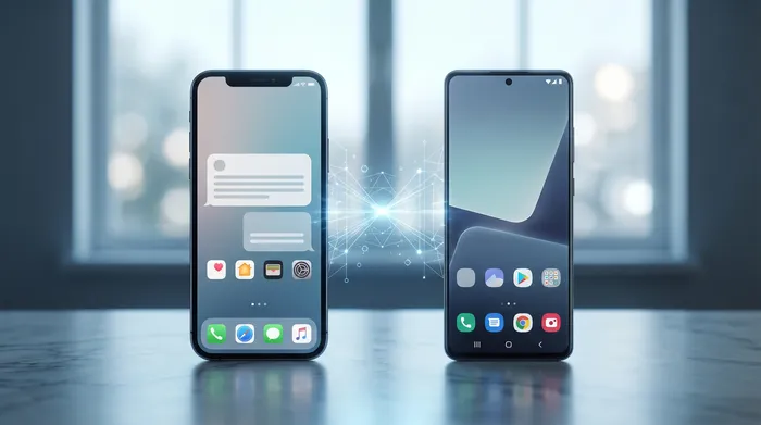 Viedtālrunis ar digitālām SIM kartēm hologrammas veidā, kas simbolizē datu drošību un mākoņkrātuvi.