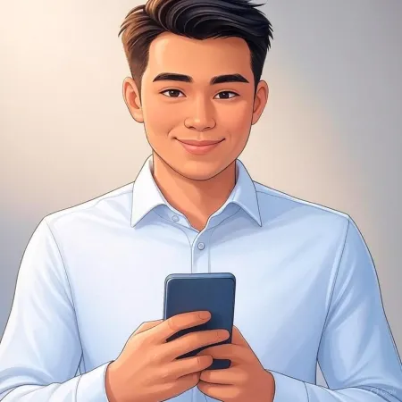 Ilustrācija ar smaidīgu biznesmeni zilā uzvalkā, kas tur rokās viedtālruni.