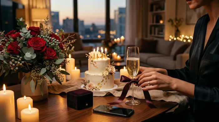 Smaidoša sieviete, sēžot modernā virtuvē, skatās savā mobilajā tālrunī, kamēr divi vīrieši fonā viņai pasniedz dzimšanas dienas kūkas ar degošām svecītēm.